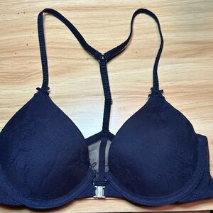 Gilly Hicks navy everly classic front closure lace T-Back push up Bra 32B nwt